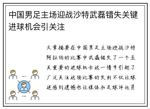 中国男足主场迎战沙特武磊错失关键进球机会引关注