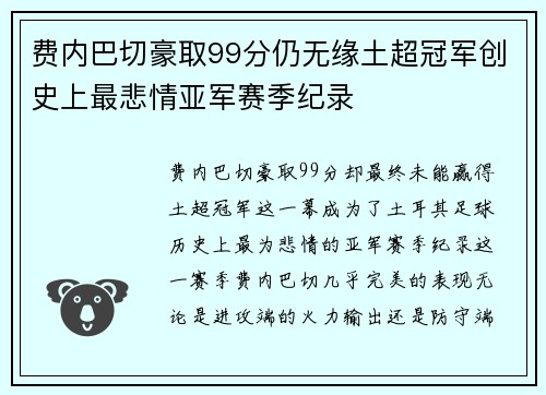 费内巴切豪取99分仍无缘土超冠军创史上最悲情亚军赛季纪录 费内巴切豪取99分仍无缘土超冠军创史上最悲情亚军赛季纪录
